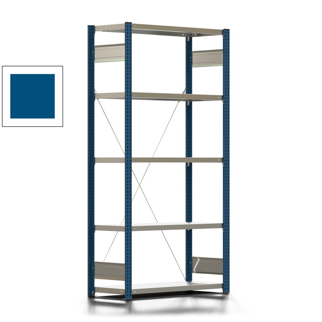 Fachbodenregal mit Tiefenriegel - 350 kg - 2.000 x 1.005 x 426 mm (HxBxT) - Anbauregal - 5 Böden - enzianblau - Lagerregal - Steckregal BERT