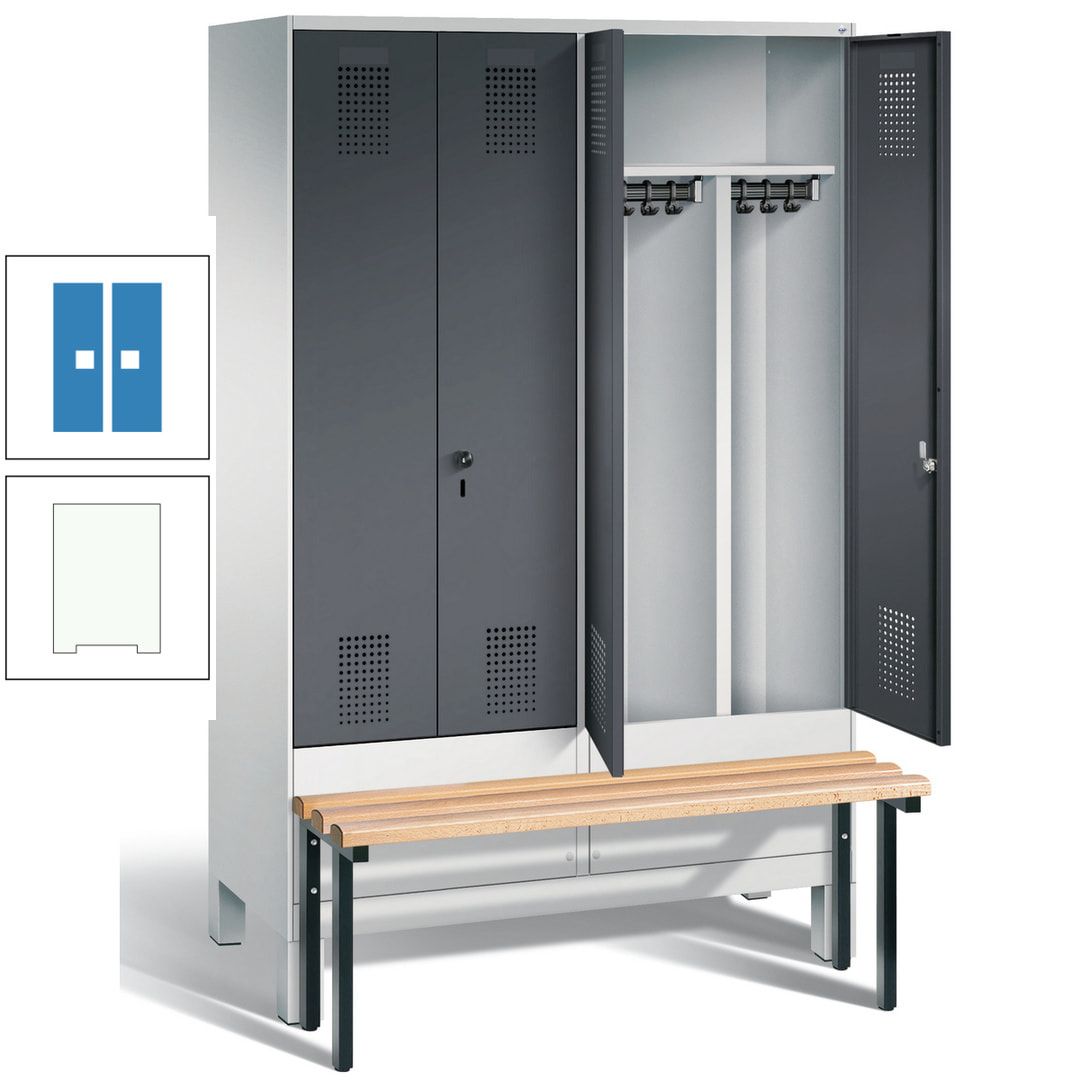 Doppel-Spind, Garderobenschrank, Buche Sitzbank vorgebaut, 4 Abteile a 300 mm, Korpus feuerrot, Tür Wasserblau, 1.850 x 1.200 x 815 mm (HxBxT)