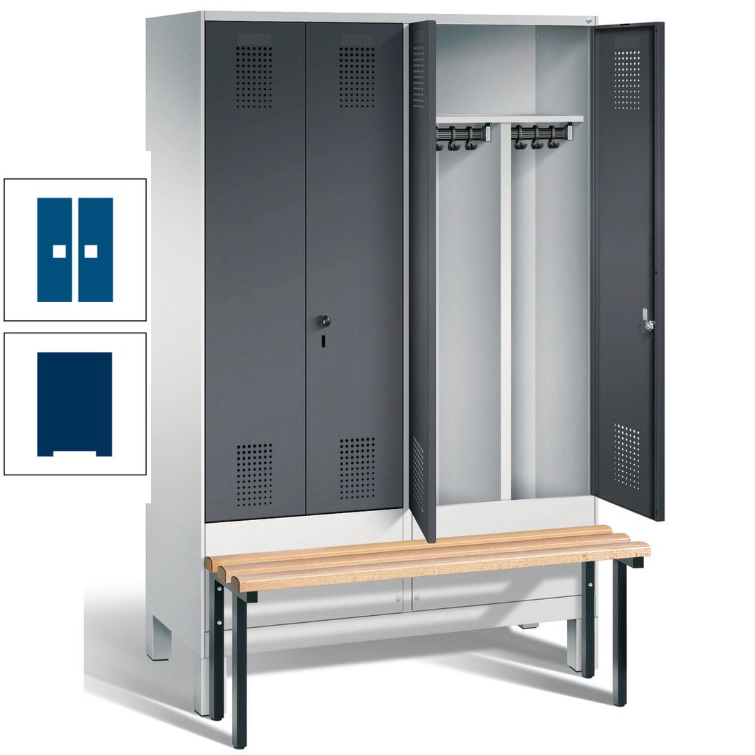 Doppel-Spind, Garderobenschrank, Buche Sitzbank vorgebaut, 4 Abteile a 300 mm, Korpus feuerrot, Tür Wasserblau, 1.850 x 1.200 x 815 mm (HxBxT)