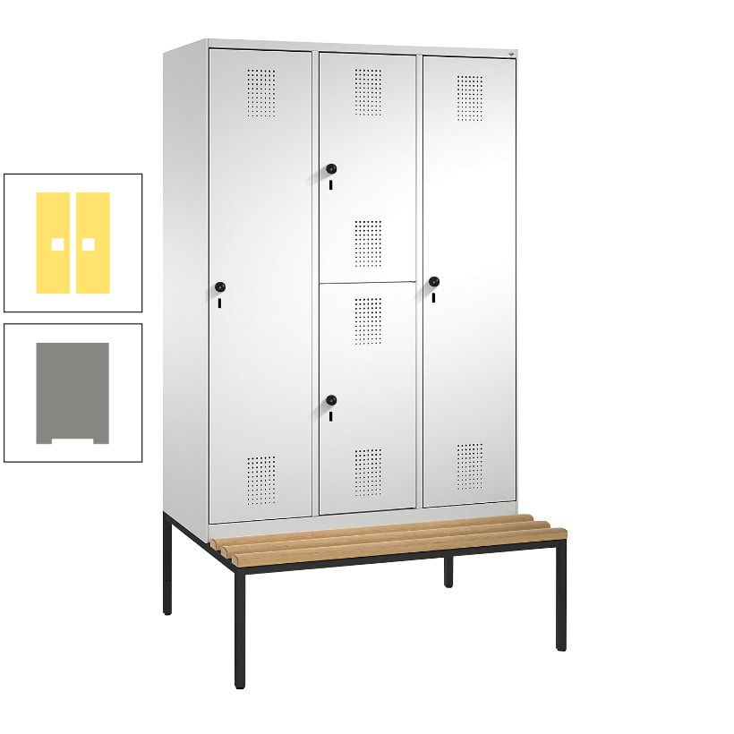 Garderobenschrank, Spind ein- und doppelstöckig Sitzbank, 3 Abteile, 4 Fächer, 2.090x1.200x500 mm (HxBxT), Front anthrazitgrau, Korpus anthrazitgrau