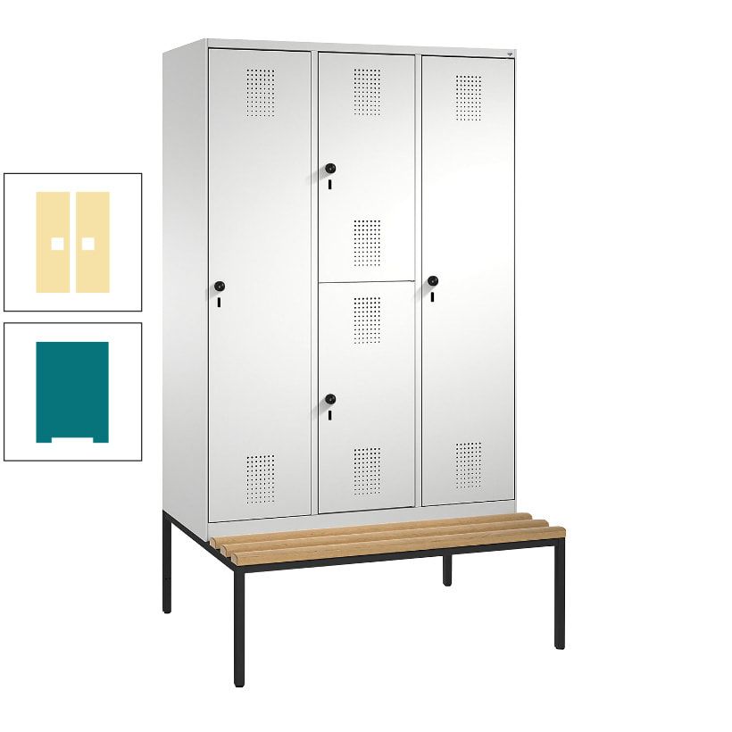 Garderobenschrank, Spind ein- und doppelstöckig Sitzbank, 3 Abteile, 4 Fächer, 2.090x1.200x500 mm (HxBxT), Front anthrazitgrau, Korpus anthrazitgrau
