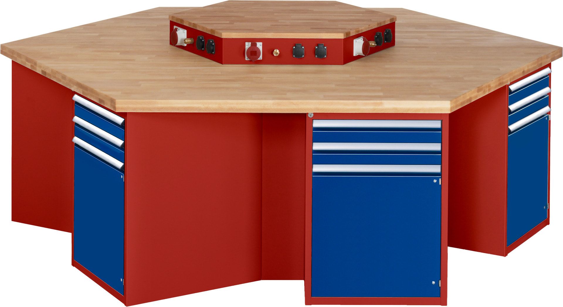 Gruppenwerkbank, Buche, Höhe 840 mm, mit Energieaufsatz, Unterbau-Container, 2 Schubladen, 1 Tür, 1 Boden - Anthrazitgrau