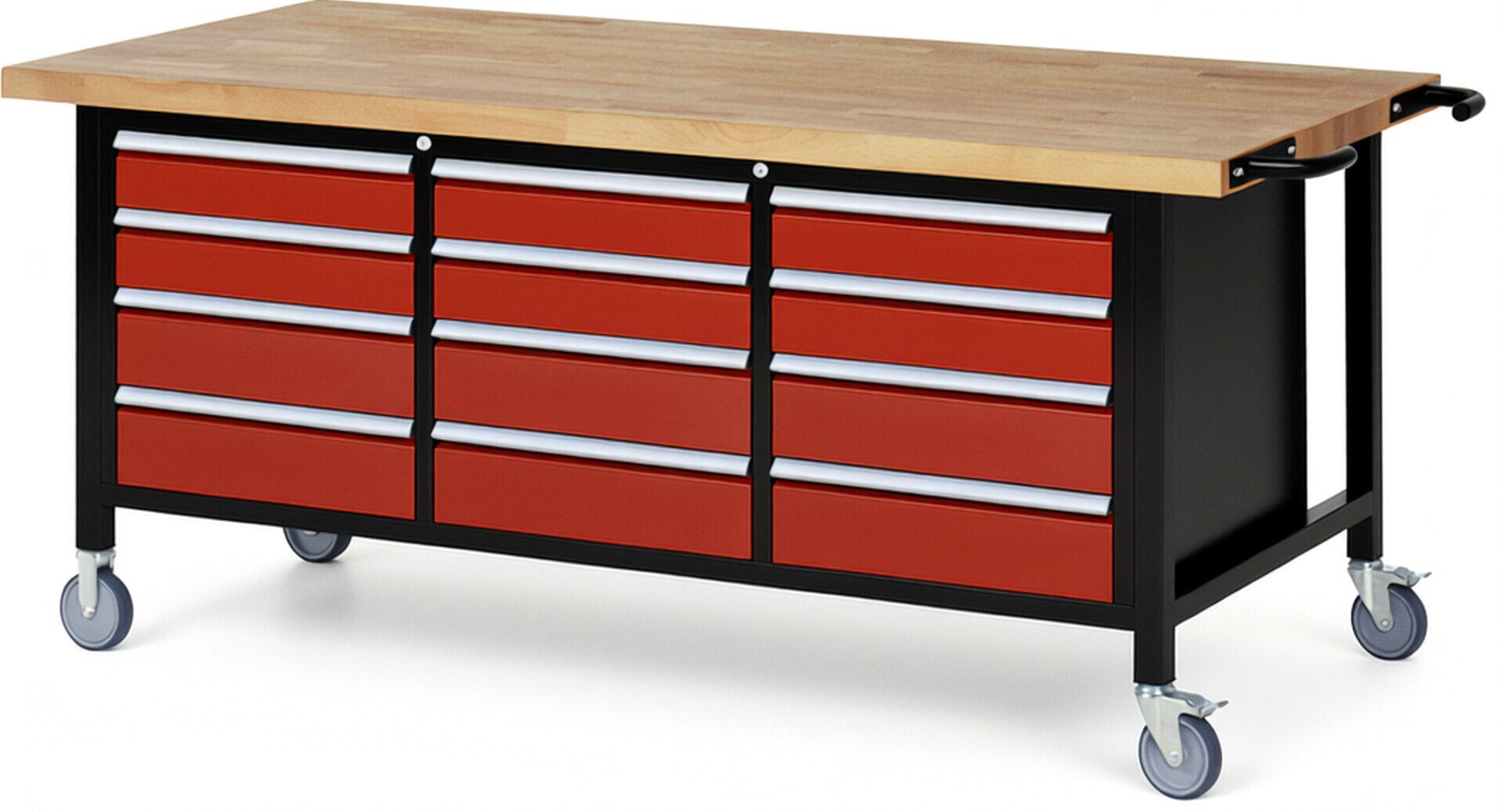 Mobile Werkbank, 12 Schubladen - Teilauszug - 120:6 / 150:6 - Höhe 880-1.080 mm - 2.000 x 900 mm - 450 kg - Buche - Anthrazitgrau