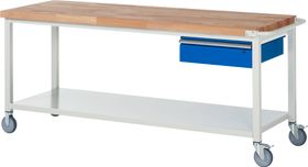 Mobile Werkbank mit Ablageboden - 1 Schublade - 150:1 - höhenverstellbar 880-1.080 mm - 2.000 x 700 mm (BxT) - 450 kg - Farbe wählbar