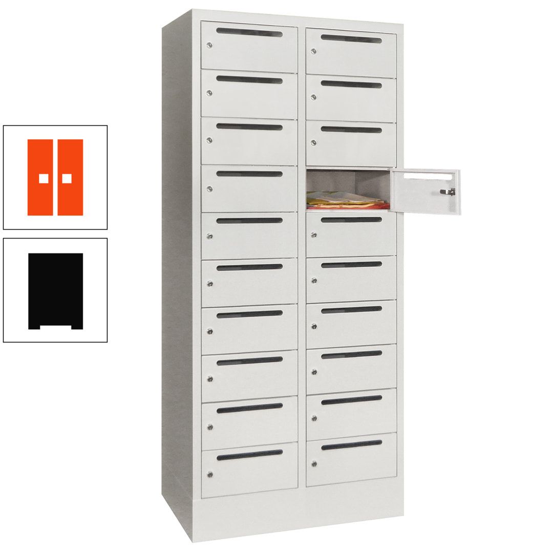Postverteilerschrank, Schließfachschrank, 2 Abteile a 400 mm, 20 Fächer, 1.850 x 800 x 500 mm (HxBxT), Korpus anthrazitgrau, Front anthrazitgrau