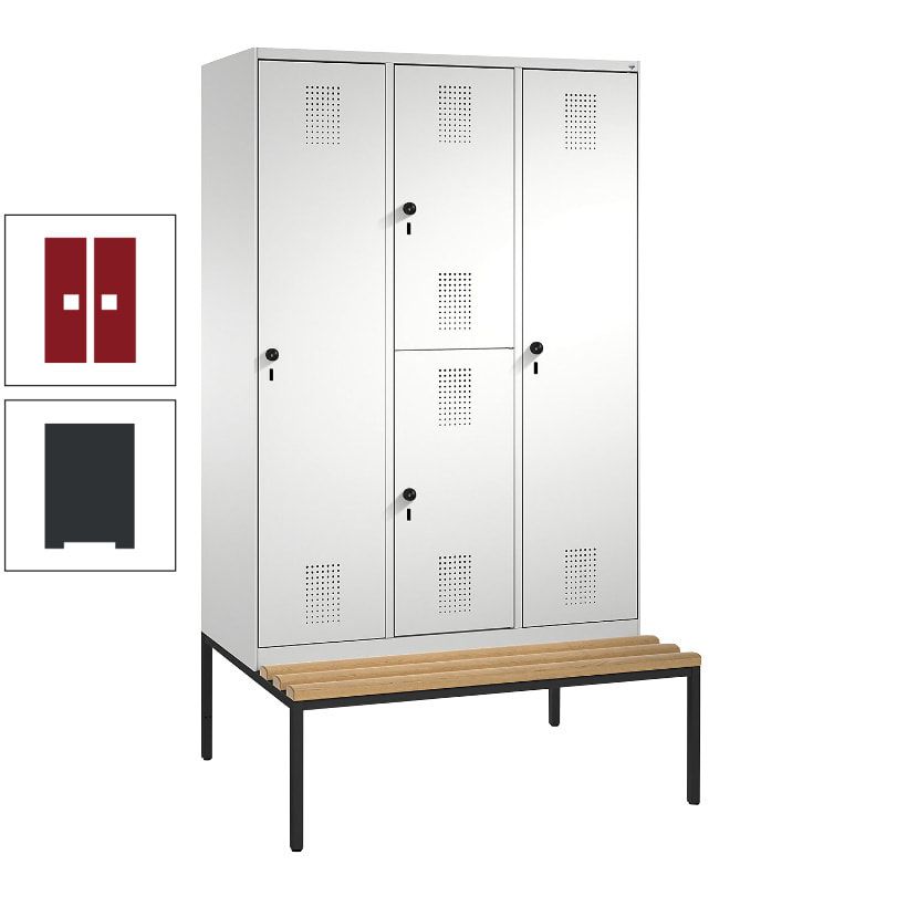 Garderobenschrank, Spind ein- und doppelstöckig Sitzbank, 3 Abteile, 4 Fächer, 2.090x1.200x500 mm (HxBxT), Front anthrazitgrau, Korpus anthrazitgrau