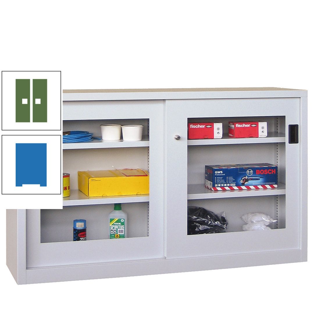 Schiebetürenschrank - Sichtfenstertüren - 1.000x1.500x600 mm (HxBxT) - 4 Böden, verzinkt - Zylinderschloss - anthrazitgrau
