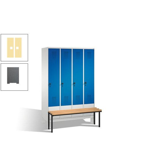 Stahl-Garderobenschrank, Spind, Buche Sitzbank vorgebaut, 4 Abteile a 300 mm, Korpus Lichtgrün, Tür Schwefelgelb, 1.850 x 1.200 x 815 mm (HxBxT)