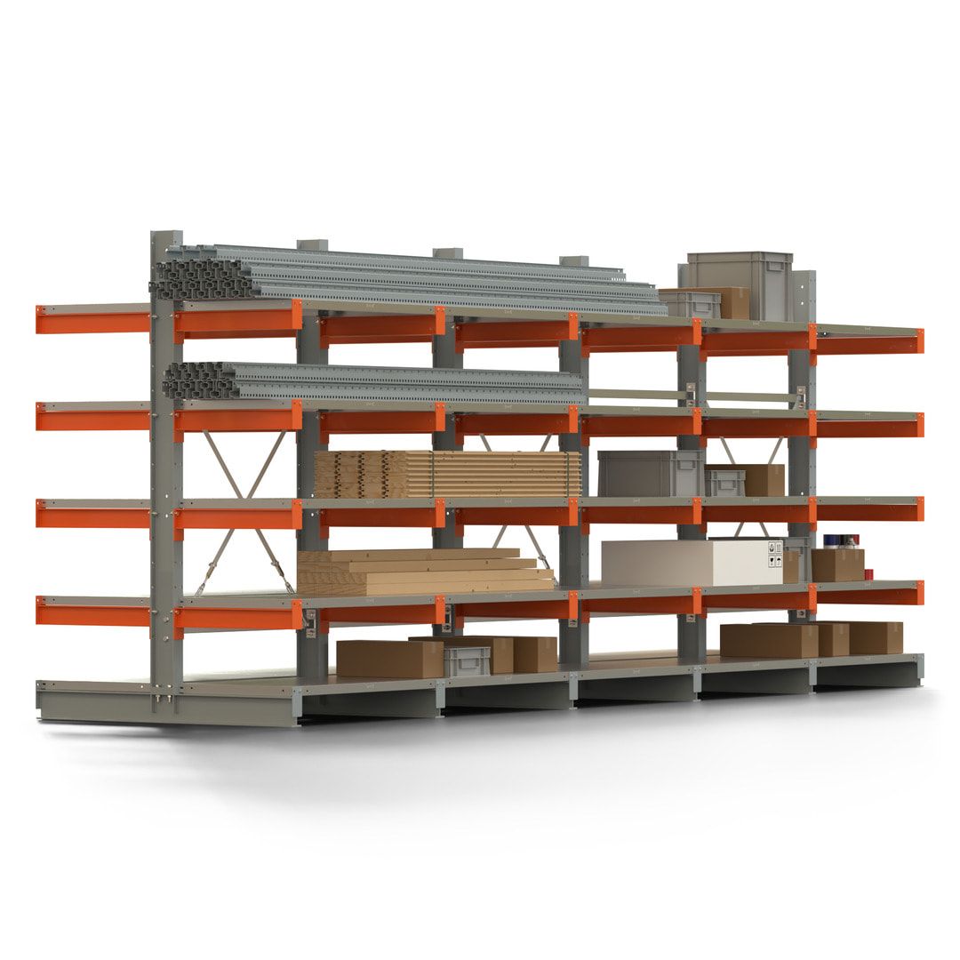 Doppelseitiges Kragarmregal mit Fachböden, 2 Felder, 2.000 x 2.000 (HxB), Nutztiefe 1.000 mm, Kragarmlast 450 kg, KARL basic, silbergrau/reinorange