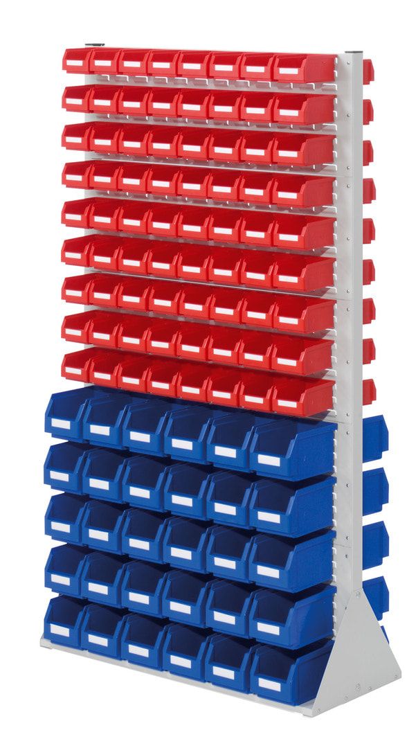 Stationäre Regalwand - Schlitzwand für Sichtlagerkästen - beidseitig - mit 132 Kästen bestückt - 1.790 x 1.000 x 430 mm (HxBxT)