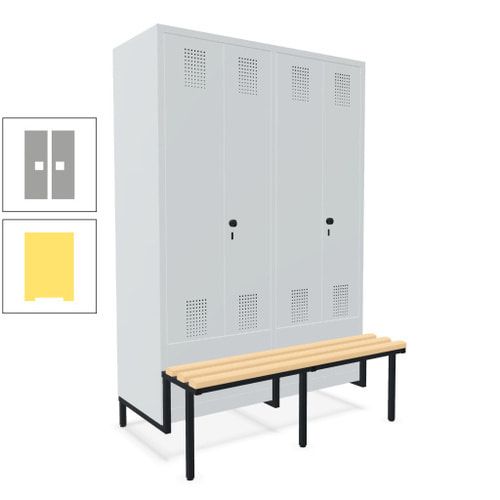 Doppel-Spind, Garderobenschrank, Buche Sitzbank integriert, 4 Abteile 300 mm, Korpus anthrazitgrau, Tür anthrazitgrau, 1.850 x 1.200 x 815 mm (HxBxT)