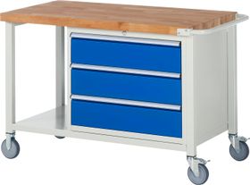 Mobile Werkbank mit Ablage - 3 XL Schubladen - Teilauszug - 180:3 - 880 x 1.250 x 700 mm (HxBxT) - 450 kg - Buche - Farbe wählbar