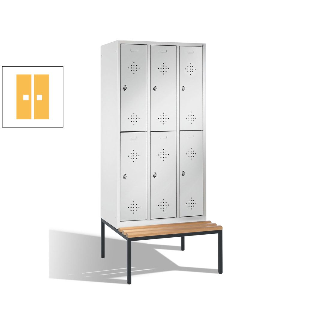 Garderobenschrank, Spind, 3 Abteile 6 Fächer, 2.090 x 1.200 x 815 mm (HxBxT), Hartholz Sitzbank untergebaut, Korpus anthrazitgrau, Türen anthrazitgrau