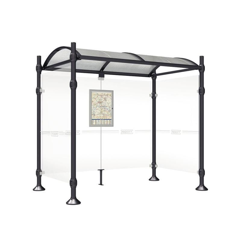 Buswartehalle, Unterstand, 2 Seitenwände, Kopf gebürsteter Edelstahl, ESG, Fahrplanschaukasten, 2.500 x 2.500 x 1.600 mm (HxBxT), Farbe enzianblau