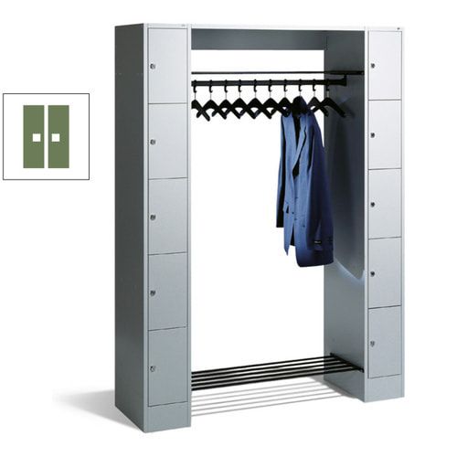 Garderobenanlage, Offene Garderobe mit Spindschrank, 10 Fächer, links/rechts, Korpus lichtgrau, Türfarbe enzianblau, 1.950 x 1.430 x 480 mm (HxBxT)