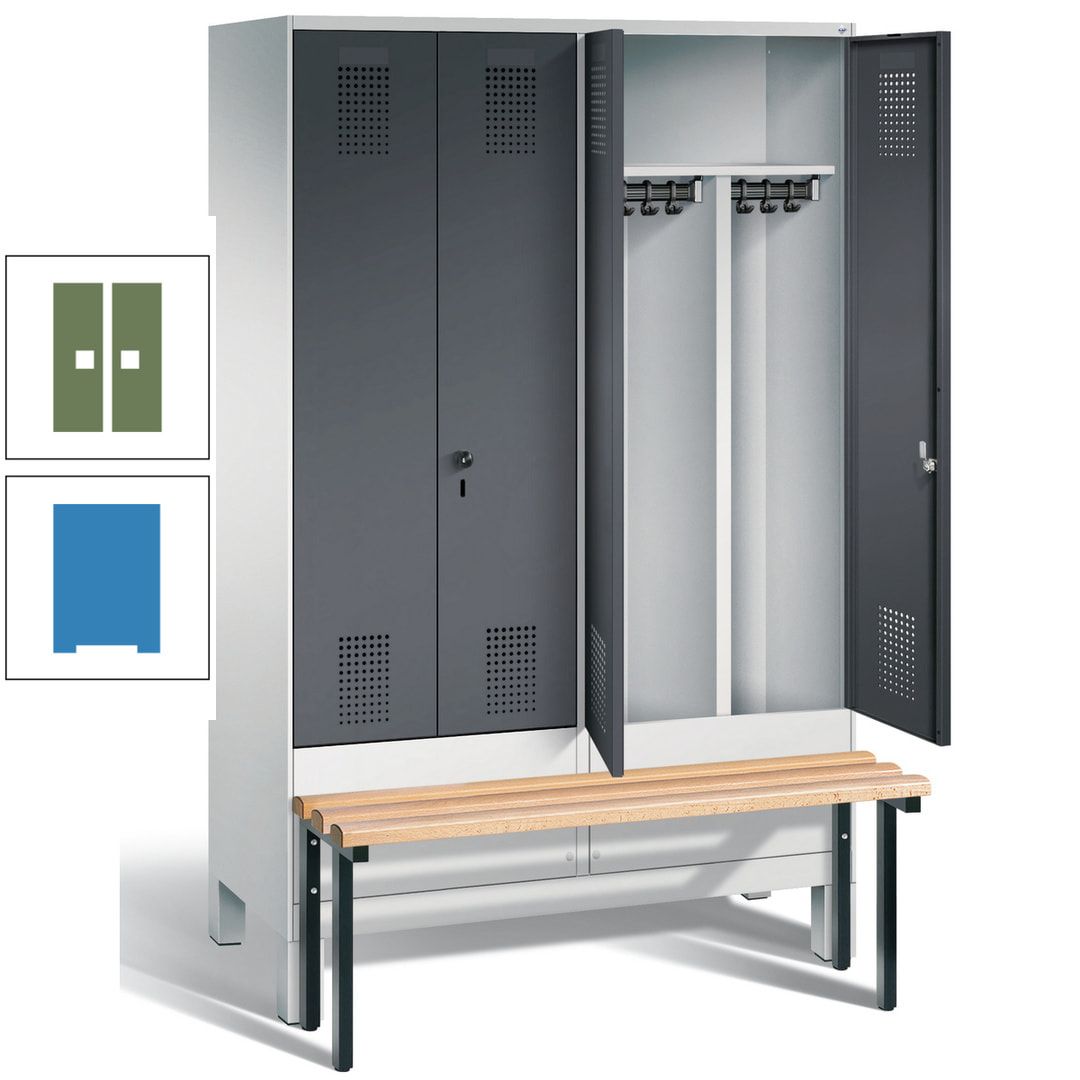 Doppel-Spind, Garderobenschrank, Buche Sitzbank vorgebaut, 4 Abteile a 300 mm, Korpus feuerrot, Tür Wasserblau, 1.850 x 1.200 x 815 mm (HxBxT)