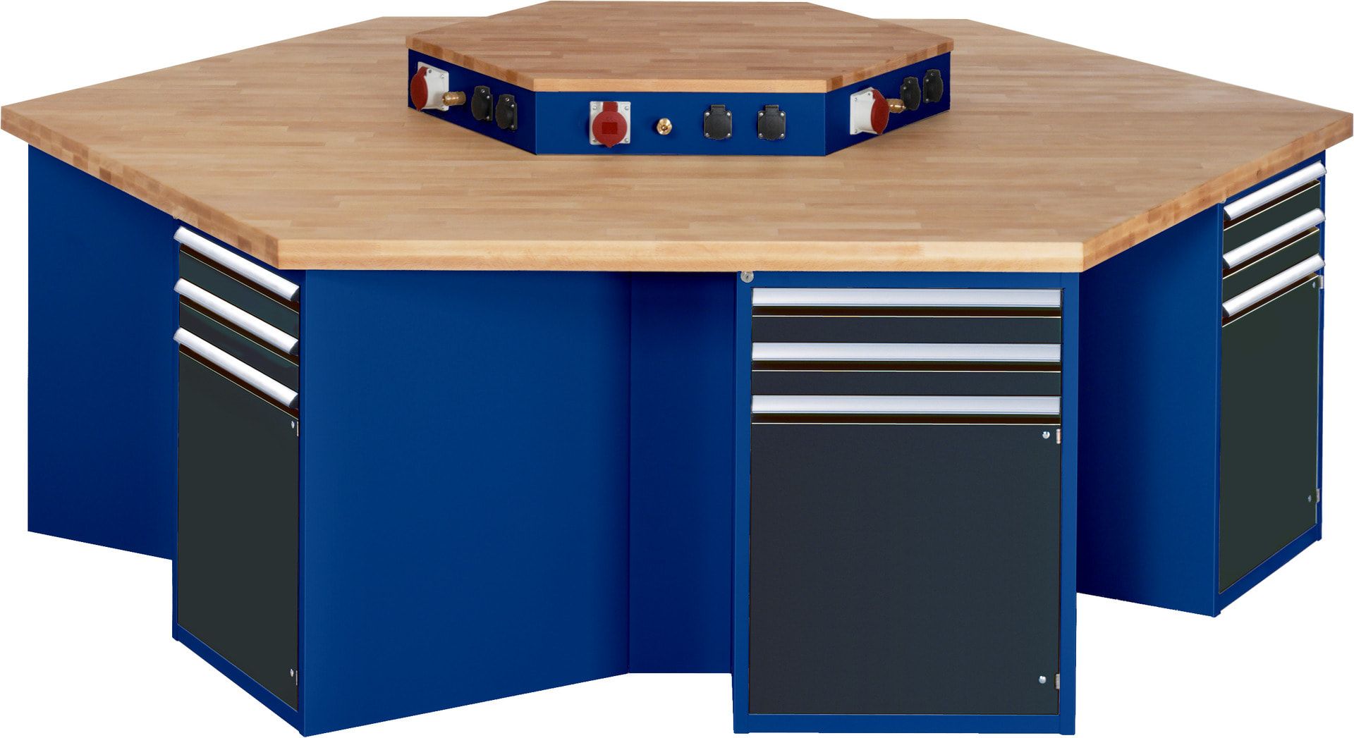 Gruppenwerkbank, Buche, Höhe 840 mm, mit Energieaufsatz, Unterbau-Container, 2 Schubladen, 1 Tür, 1 Boden - Anthrazitgrau