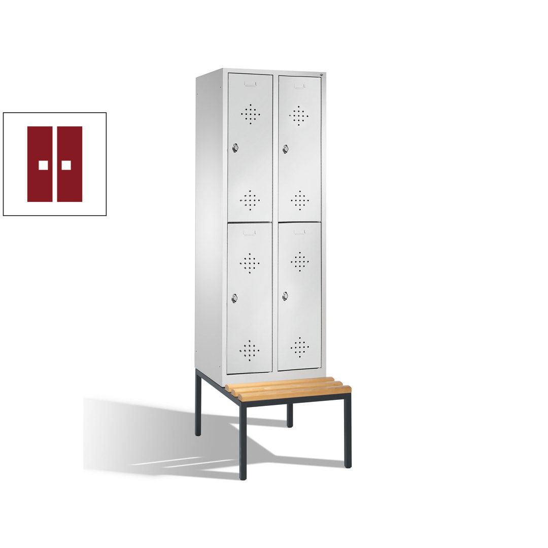 Garderobenschrank, Spind, 2 Abteile, 4 Fächer, 2.090 x 610 x 815 mm (HxBxT), Hartholz Sitzbank untergebaut, Korpus weißaluminium, Türen anthrazitgrau