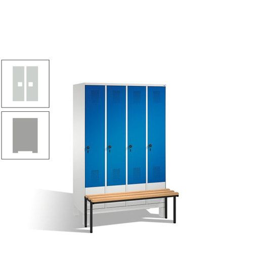 Stahl-Garderobenschrank, Spind, Buche Sitzbank vorgebaut, 4 Abteile a 300 mm, Korpus Lichtgrün, Tür Schwefelgelb, 1.850 x 1.200 x 815 mm (HxBxT)