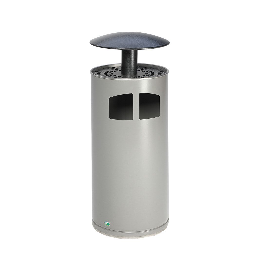 Abfallsammler mit Dach und Ascher - Volumen 75 l - 1.110 x 445 x 445 mm (HxBxT) - Korpus antik-silber - Dach silber