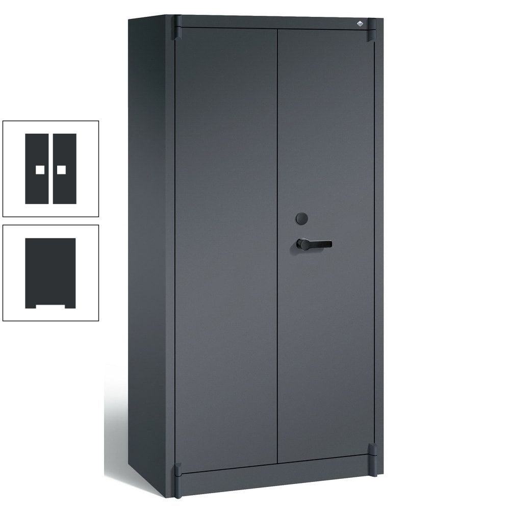 Feuergeschützter Aktenschrank, Klasse A1, 3 Fachböden und Schließfach einflügelig, Farbe schwarzgrau, 1.950 x 930 x 500 mm (HxBxT)