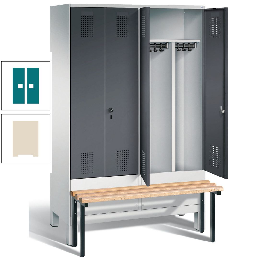 Doppel-Spind, Garderobenschrank, Buche Sitzbank vorgebaut, 4 Abteile a 300 mm, Korpus feuerrot, Tür Wasserblau, 1.850 x 1.200 x 815 mm (HxBxT)