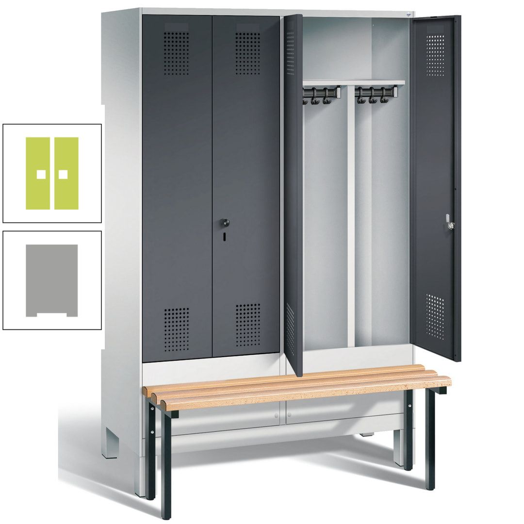 Doppel-Spind, Garderobenschrank, Buche Sitzbank vorgebaut, 4 Abteile a 300 mm, Korpus feuerrot, Tür Wasserblau, 1.850 x 1.200 x 815 mm (HxBxT)