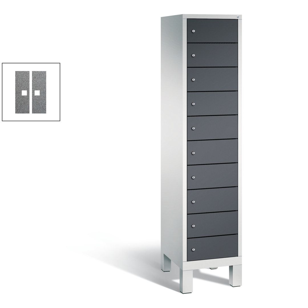 Laptopschrank, Tabletschrank, Computerschrank auf Füßen, 10 Fächer, 1.850 x 420 x 500 mm (HxBxT), Korpus gelborange, Tür anthrazitgrau