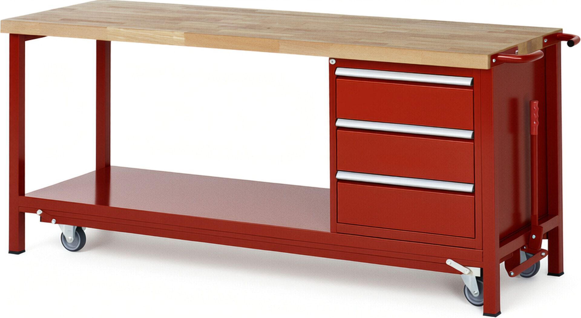 Mobile absenkbare Werkbank mit 3 Schubladen - Teilauszug - 180:3 - 880 x 2.000 x 700 mm (HxBxT) - 1,25 t - Buche - Anthrazitgrau