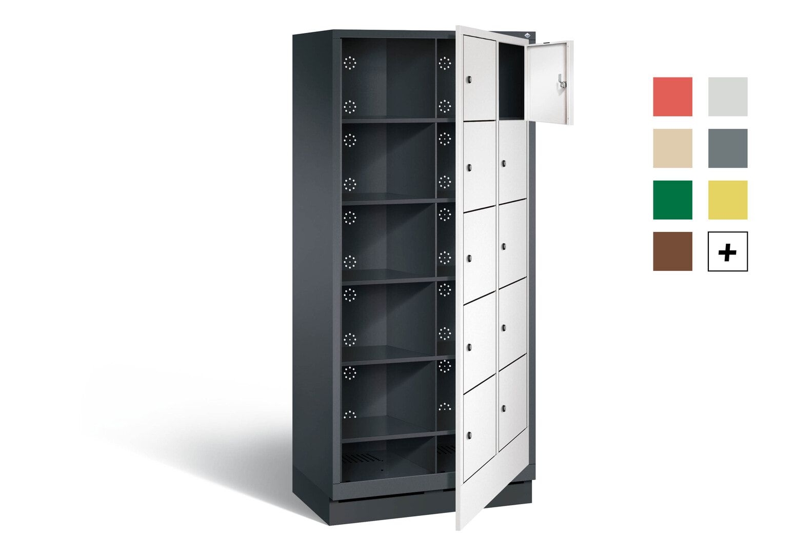 Wäscheschrank, Ausgabeschrank, Fächerschrank, Zentraltür, Sockel, 10 Fächer, Korpus Pastellgelb, Tür anthrazitgrau, 1.800 x 810 x 500 mm (HxBxT)