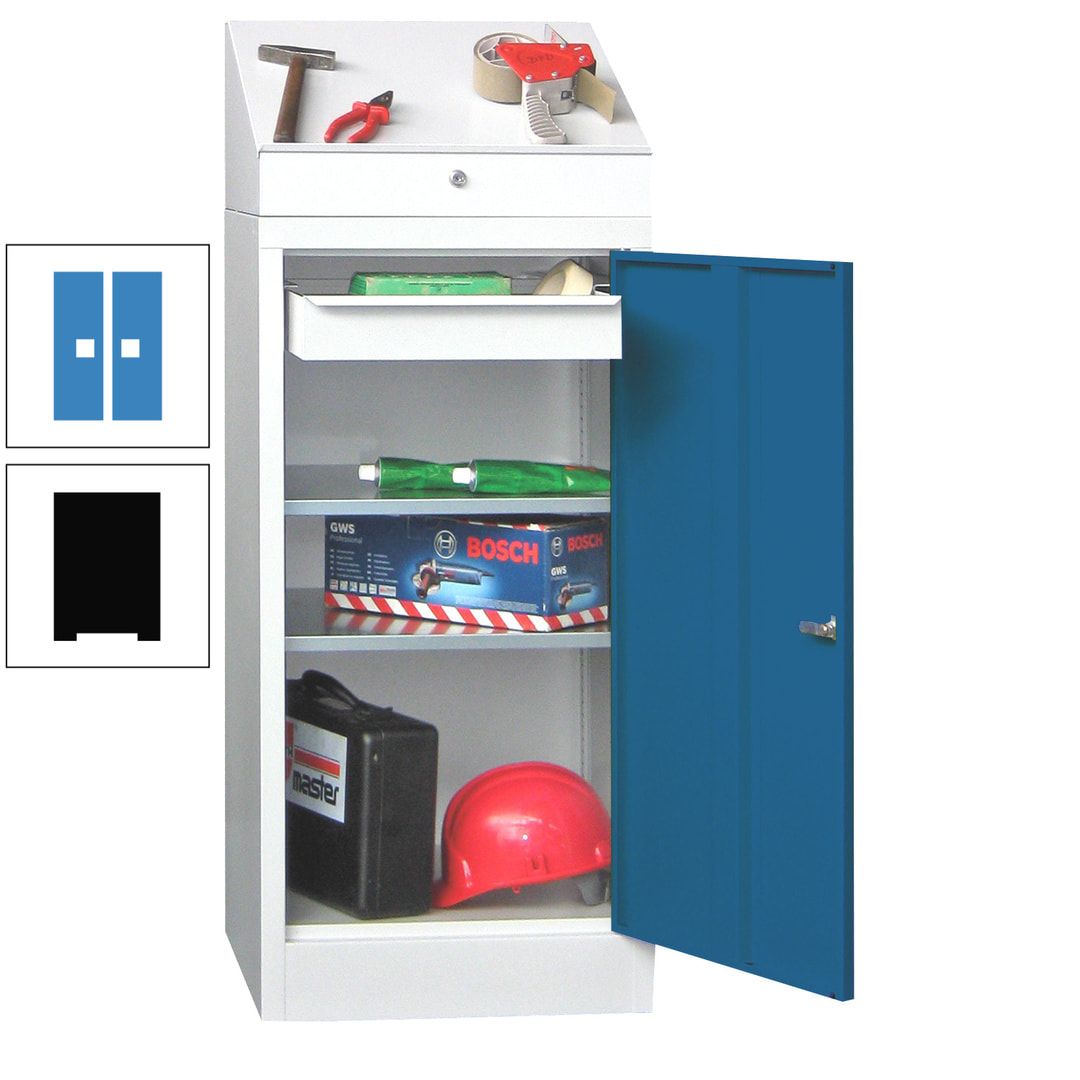 Stehpult mit Schrank - Vollblechtür - 1 Einlegeboden, 1 Ausziehboden, 1 Schublade - 1.270x500x500 mm (HxBxT) - anthrazitgrau
