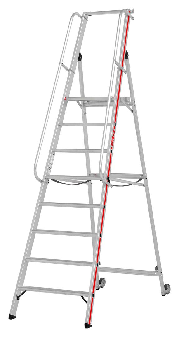 Plattformleiter mit langem Handlauf - Kipprollen - Leiterlänge 1.950 mm - mit Einhängehaken und Ablageschale - Aluleiter - Hymer