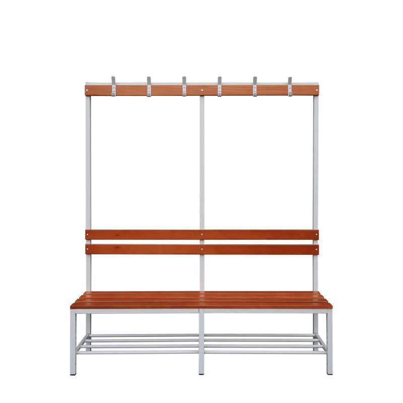 Umkleidebank, Umkleide-Sitzbank, Schuhrost, Haken, Breite 1.200 mm, Sitzhöhe 400 mm, Stahl mit Holzleisten, Gestell: lichtgrau, Sitzleisten: Buche