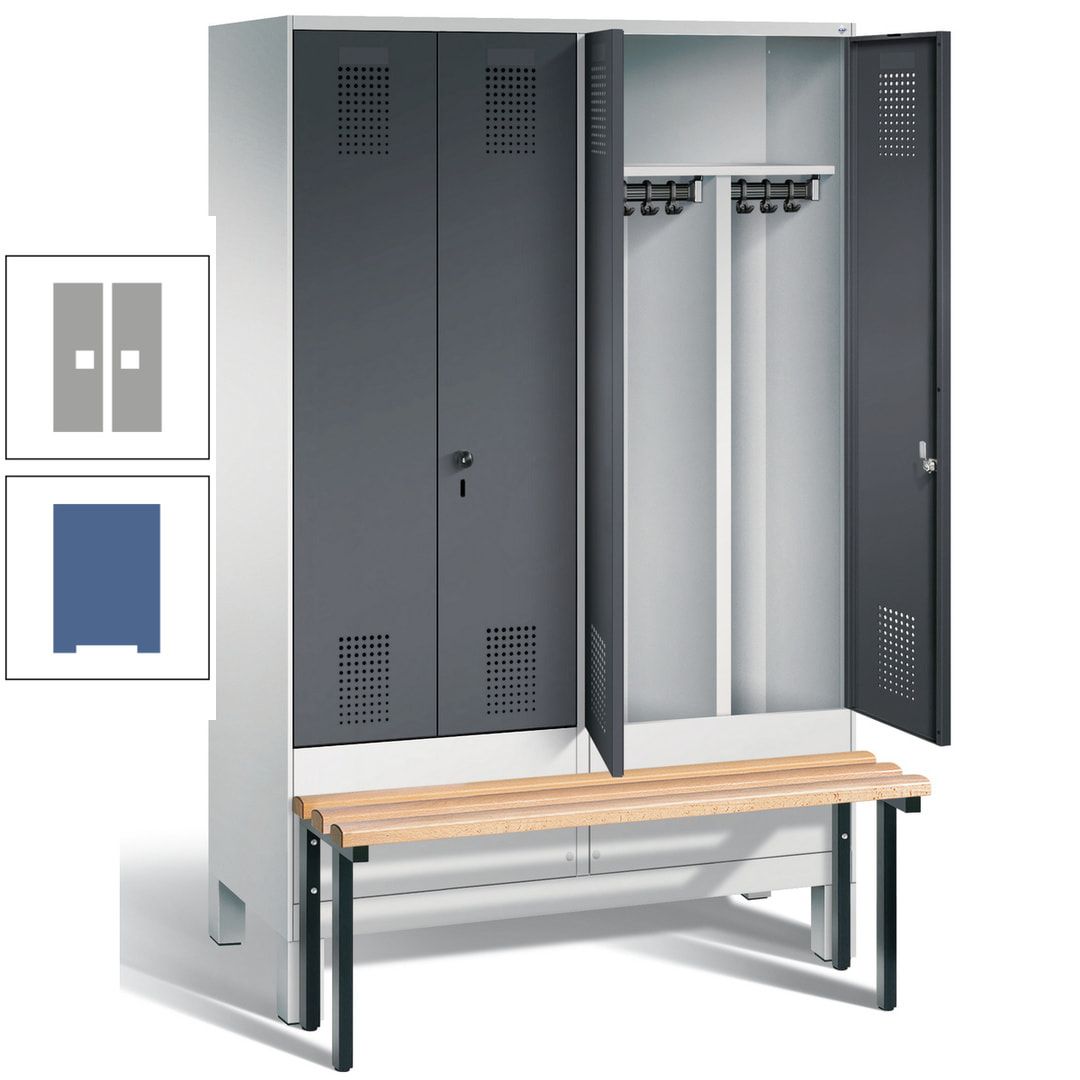 Doppel-Spind, Garderobenschrank, Buche Sitzbank vorgebaut, 4 Abteile a 300 mm, Korpus feuerrot, Tür Wasserblau, 1.850 x 1.200 x 815 mm (HxBxT)