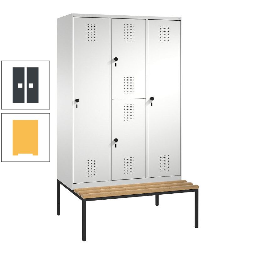 Garderobenschrank, Spind ein- und doppelstöckig Sitzbank, 3 Abteile, 4 Fächer, 2.090x1.200x500 mm (HxBxT), Front anthrazitgrau, Korpus anthrazitgrau