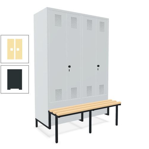 Doppel-Spind, Garderobenschrank, Buche Sitzbank integriert, 4 Abteile 300 mm, Korpus anthrazitgrau, Tür anthrazitgrau, 1.850 x 1.200 x 815 mm (HxBxT)