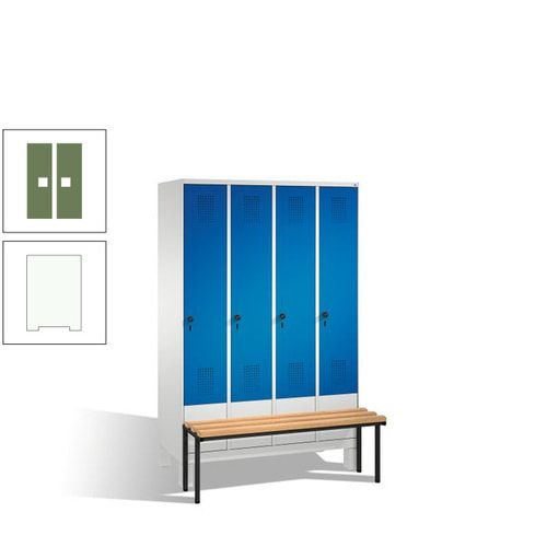 Stahl-Garderobenschrank, Spind, Buche Sitzbank vorgebaut, 4 Abteile a 300 mm, Korpus Lichtgrün, Tür Schwefelgelb, 1.850 x 1.200 x 815 mm (HxBxT)