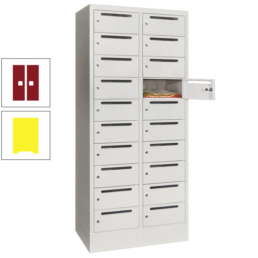 Postverteilerschrank, Schließfachschrank, 2 Abteile a 400 mm, 20 Fächer, 1.850 x 800 x 500 mm (HxBxT), Korpus anthrazitgrau, Front anthrazitgrau