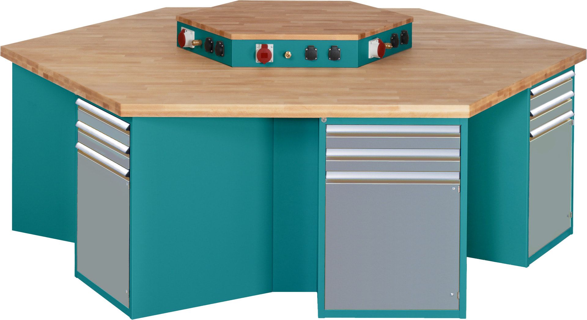 Gruppenwerkbank, Buche, Höhe 840 mm, mit Energieaufsatz, Unterbau-Container, 2 Schubladen, 1 Tür, 1 Boden - Anthrazitgrau