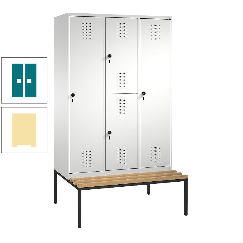 Garderobenschrank, Spind ein- und doppelstöckig Sitzbank, 3 Abteile, 4 Fächer, 2.090x1.200x500 mm (HxBxT), Front anthrazitgrau, Korpus anthrazitgrau