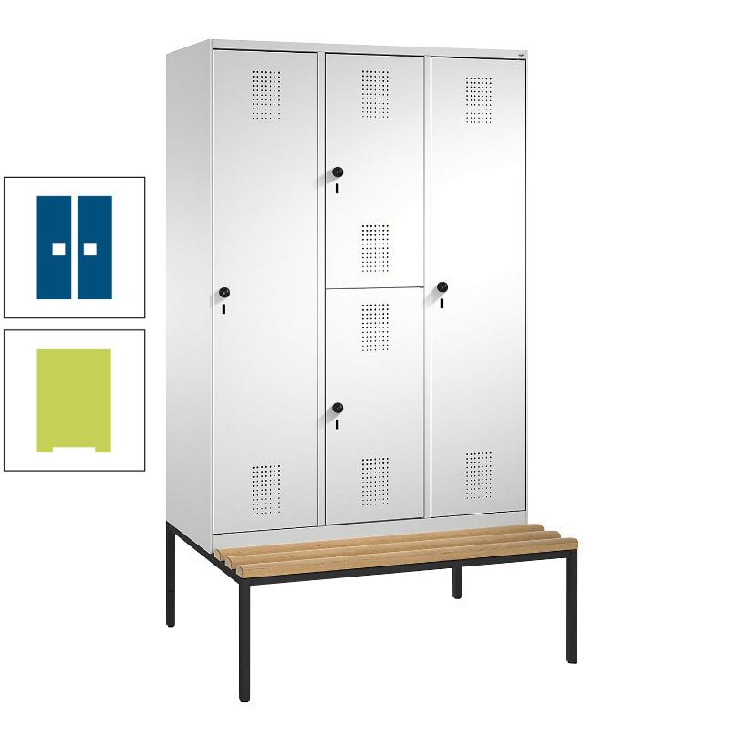 Garderobenschrank, Spind ein- und doppelstöckig Sitzbank, 3 Abteile, 4 Fächer, 2.090x1.200x500 mm (HxBxT), Front anthrazitgrau, Korpus anthrazitgrau