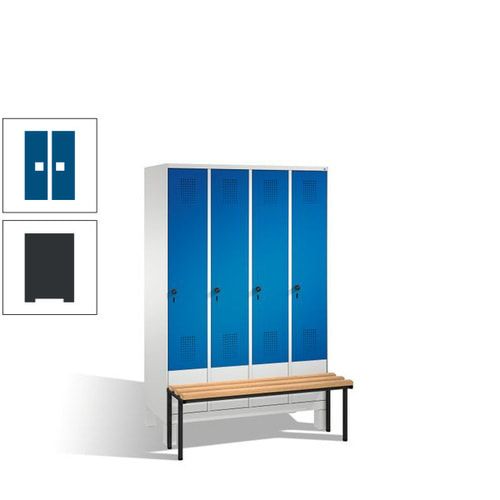 Stahl-Garderobenschrank, Spind, Buche Sitzbank vorgebaut, 4 Abteile a 300 mm, Korpus Lichtgrün, Tür Schwefelgelb, 1.850 x 1.200 x 815 mm (HxBxT)