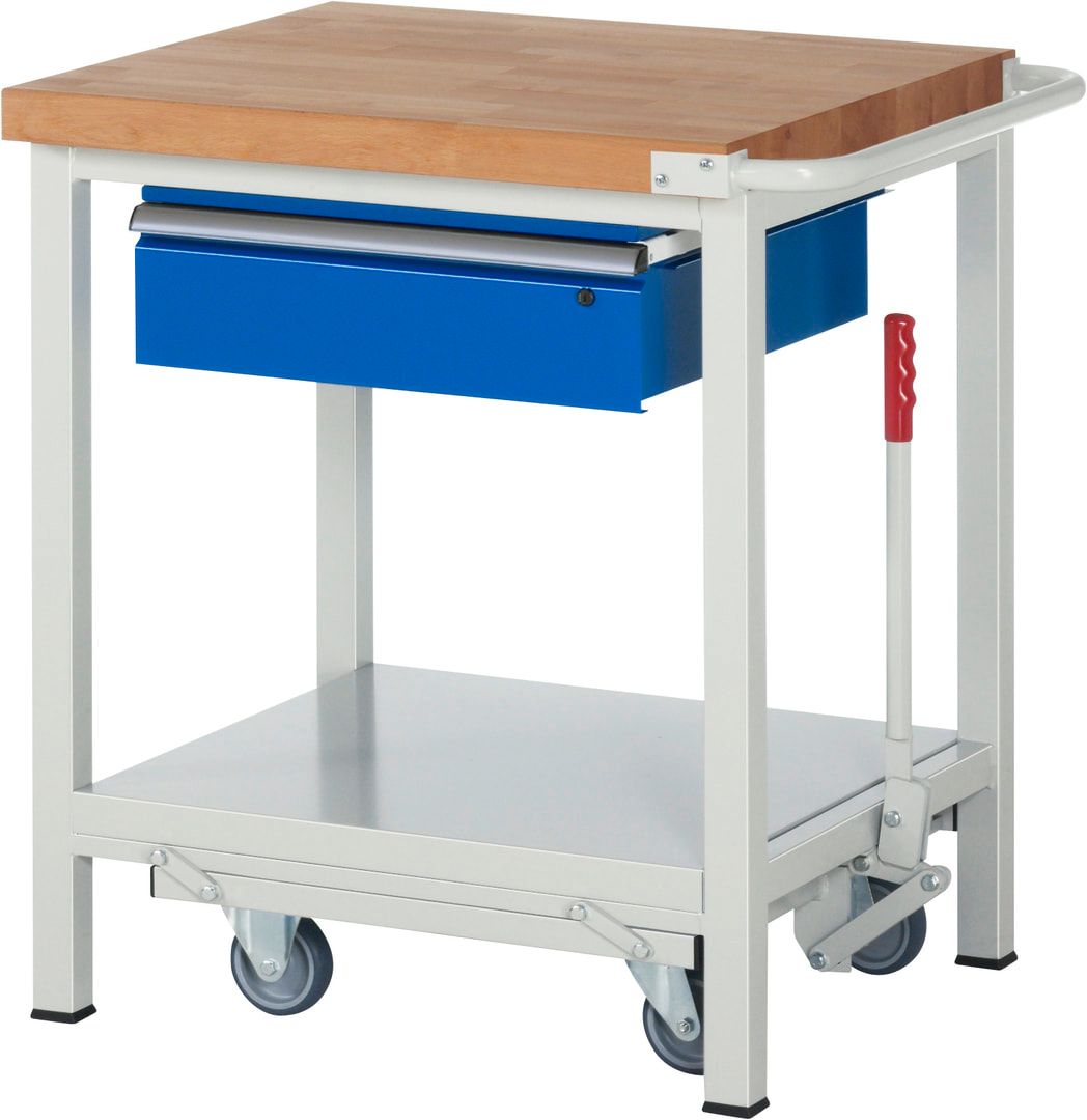 Mobile absenkbare Werkbank mit 1 Schublade - 150:1 - 880 x 750 x 700 mm (HxBxT) - Traglast 1.250 kg - Buche - Anthrazitgrau