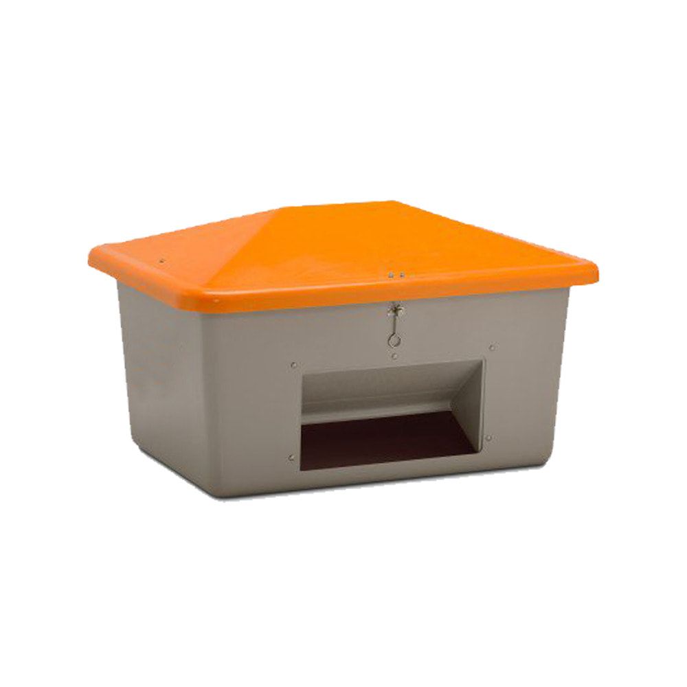 Streugutbehälter für Streusalz, Winterstreumittel, Futtermittel, 550 l Volumen, 780 x 1.340 x 990 mm (HxBxT), GFK, grau/orange