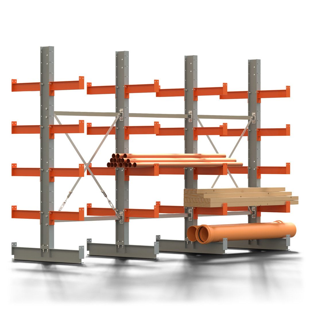 Doppelseitiges Kragarmregal, 2 Felder, 2.000 x 2.000 x 1.120 mm (HxBxT), Nutztiefe 500 mm, Kragarmlast 870 kg, KARL basic, silbergrau/reinorange