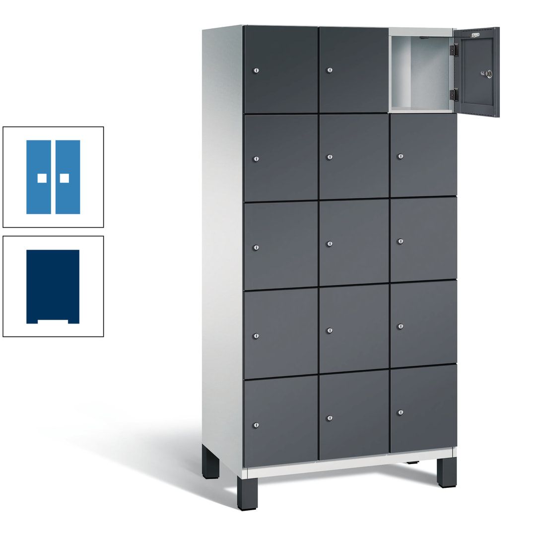 Fächerschrank, Stahlschrank, 15 Fächer, Türöffnungsbegrenzer, Füße, 1.980 x 900 x 525 mm (HxBxT), Korpus anthrazitgrau, Front anthrazitgrau