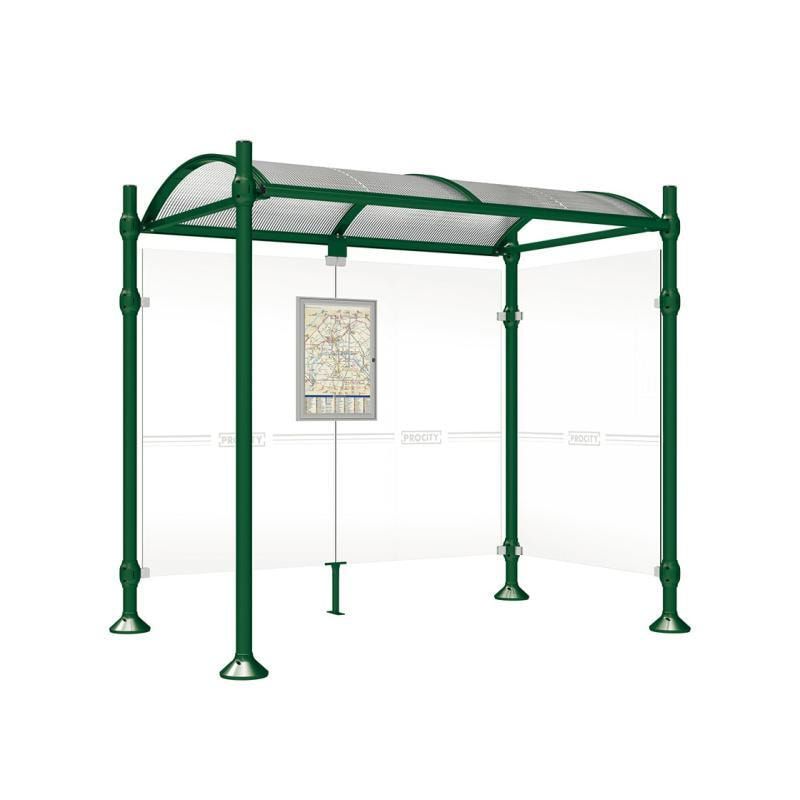 Buswartehalle, Unterstand, 2 Seitenwände, Kopf gebürsteter Edelstahl, ESG, Fahrplanschaukasten, 2.500 x 2.500 x 1.600 mm (HxBxT), Farbe enzianblau