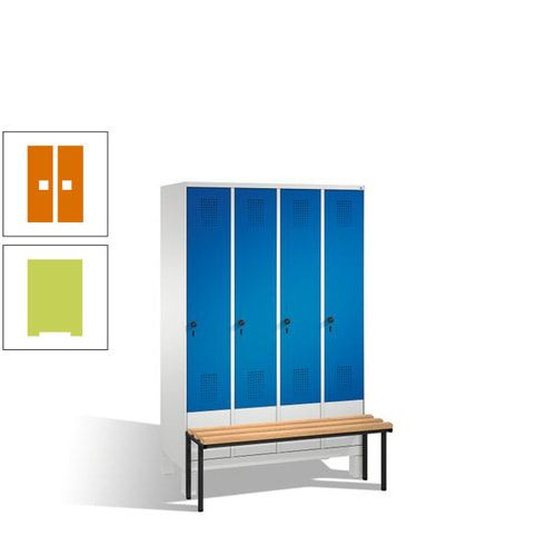 Stahl-Garderobenschrank, Spind, Buche Sitzbank vorgebaut, 4 Abteile a 300 mm, Korpus Lichtgrün, Tür Schwefelgelb, 1.850 x 1.200 x 815 mm (HxBxT)