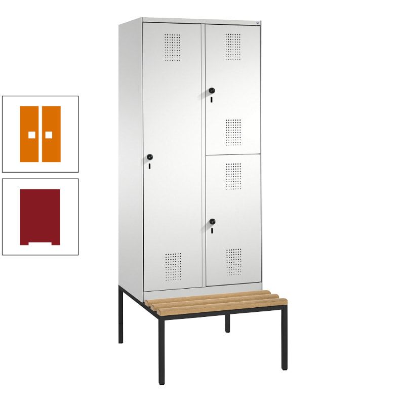 Garderobenschrank, Spind ein- und doppelstöckig Sitzbank, 2 Abteile, 3 Fächer, 2.090 x 800 x 500 mm (HxBxT), Front anthrazitgrau, Korpus anthrazitgrau