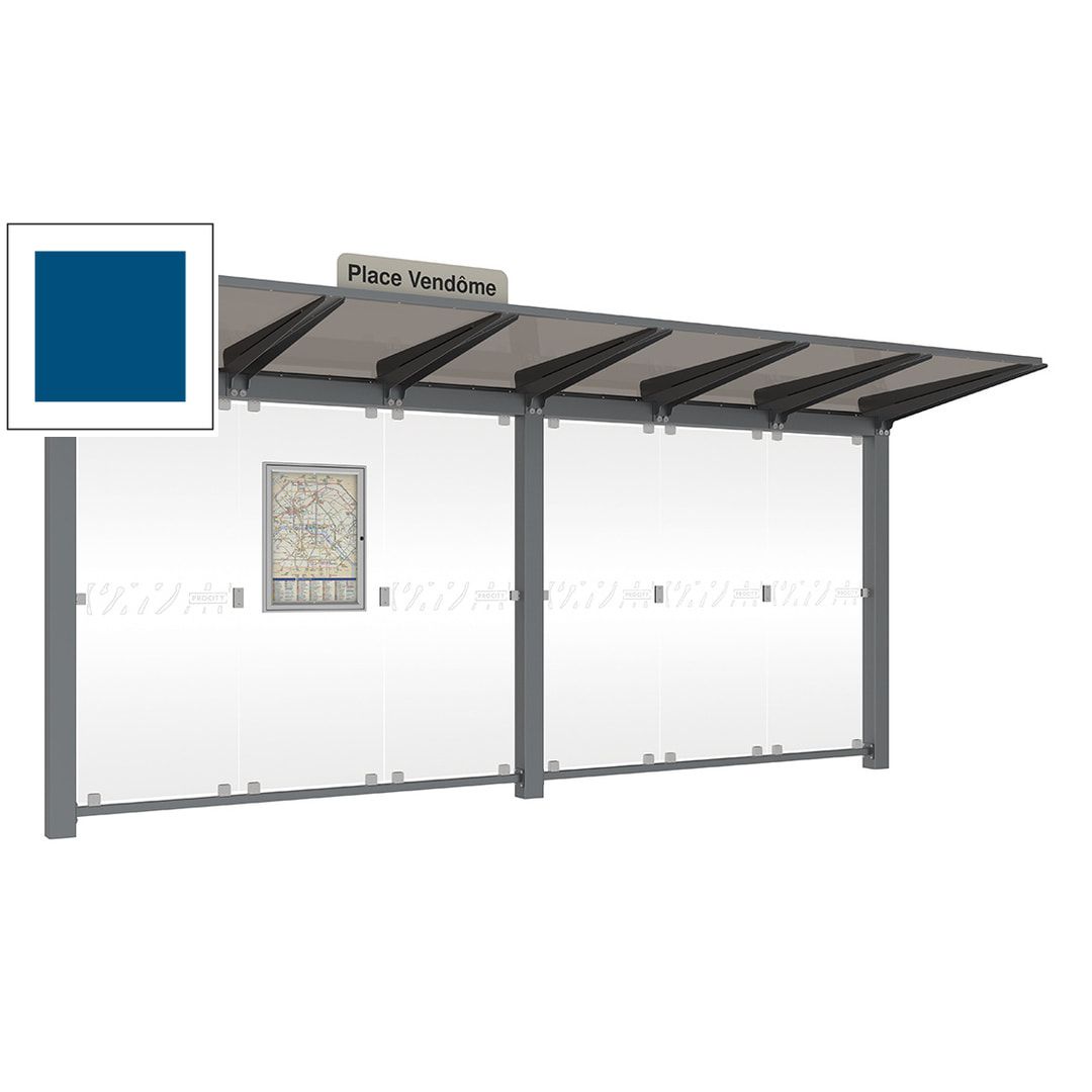 Buswartehalle, Haltestelle, Unterstand, ESG, Fahrplankasten, Haltestellenschild, enzianblau, 2.390 x 5.000 x 1.500 mm (HxBxT)
